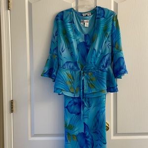 2 Piece Blue Floral Jacket Dress - Size 12